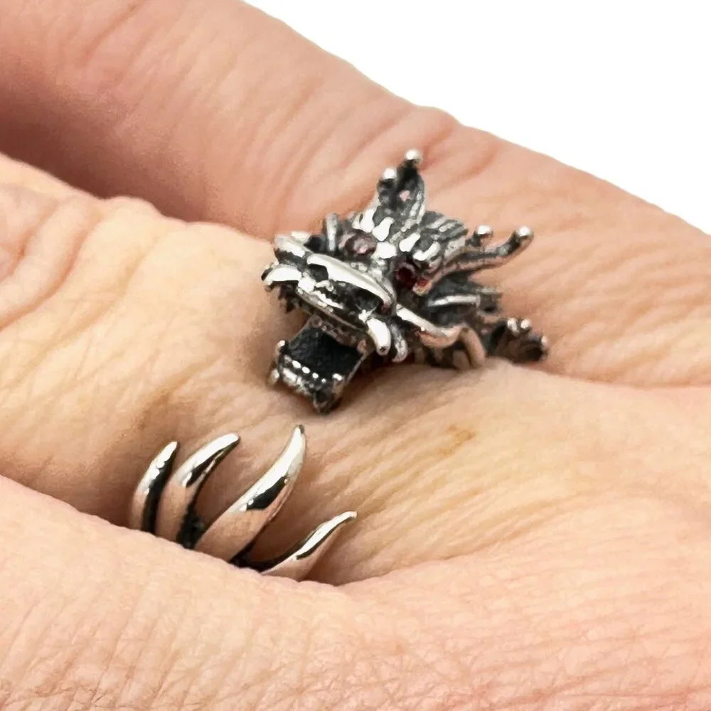 Very Cool Mens Womens Ring Sterling Silver Red Garnet Eyes Dragon Size 8